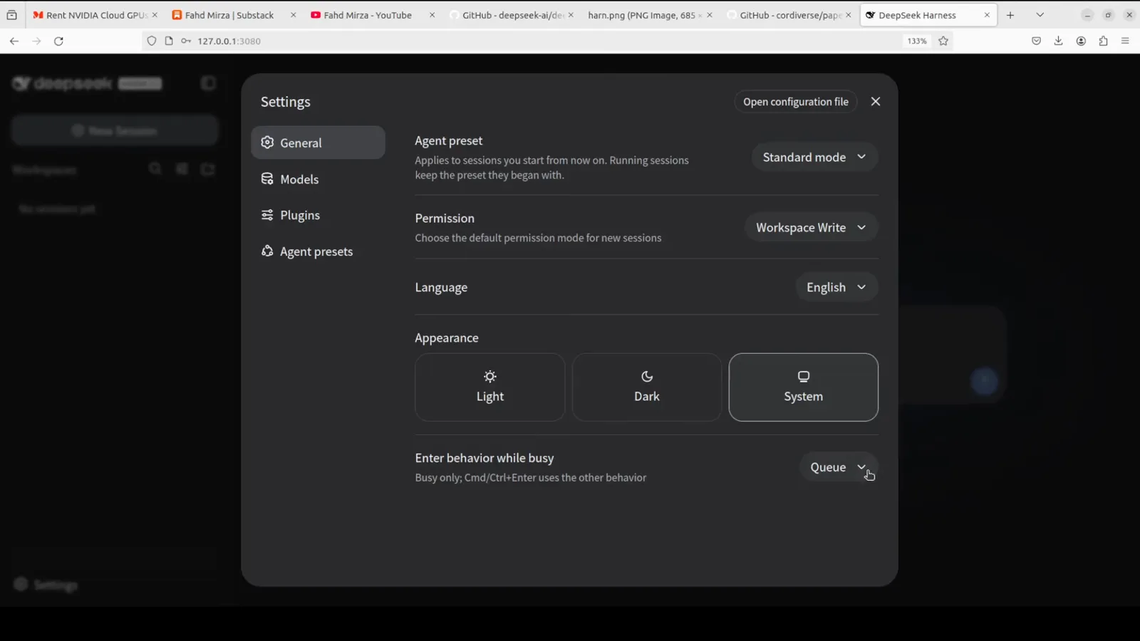 DeepSeek Harness Settings Models panel showing the built-in DeepSeek provider beside the Add provider and Add a custom provider buttons