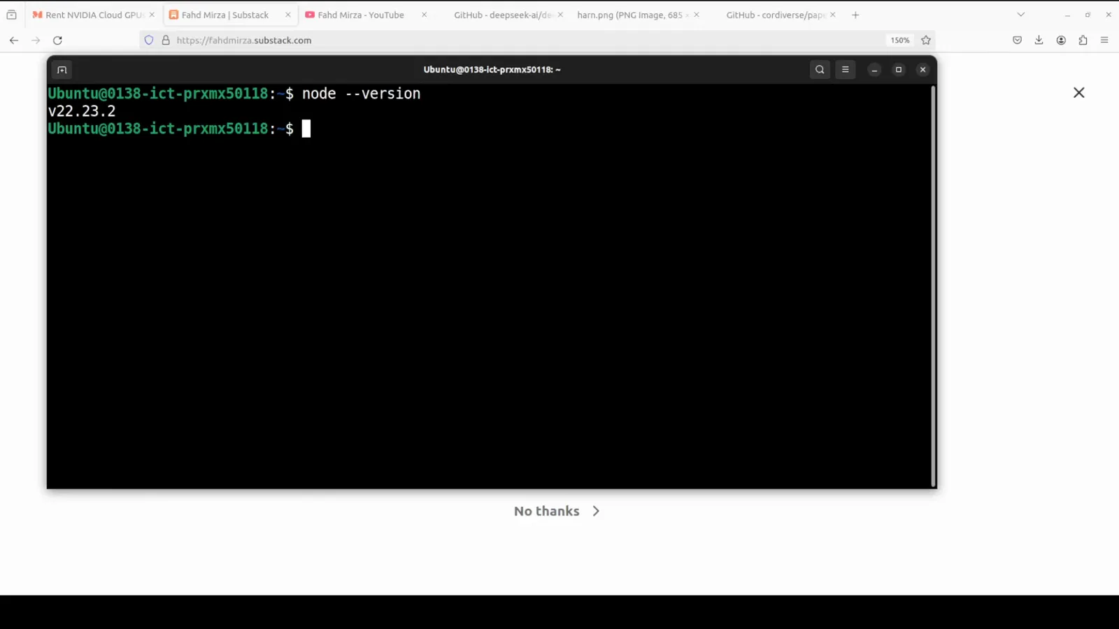 Ubuntu terminal running node --version (v22.23.2) and npx @deepseek-ai/dsh web with the Ok to proceed (y) confirmation for installing DeepSeek Harness