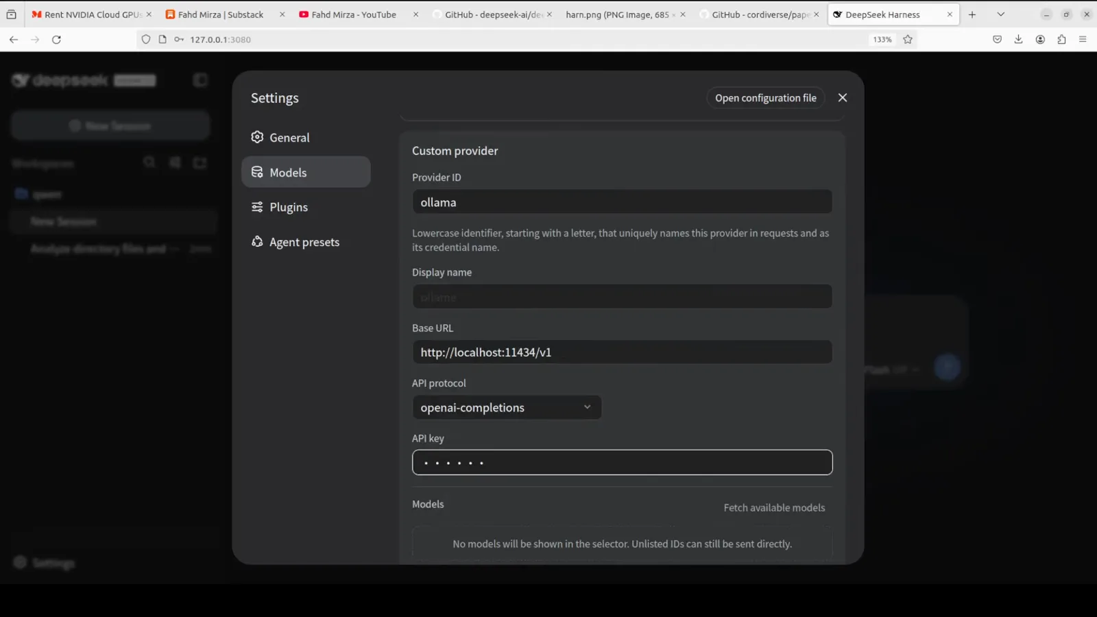 Custom provider form in DeepSeek Harness with provider ID ollama, Base URL http://localhost:11434/v1 and the openai-completions API protocol selected