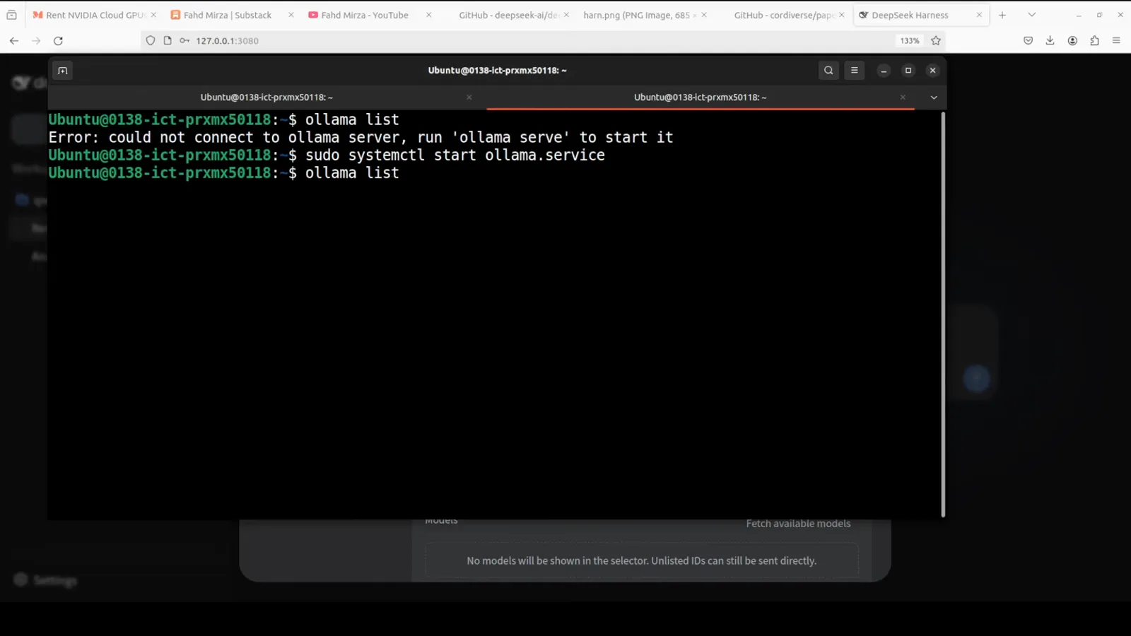 ollama list output on Ubuntu showing a local qwen3.8:latest model, 17 GB, ready to serve requests from DeepSeek Harness