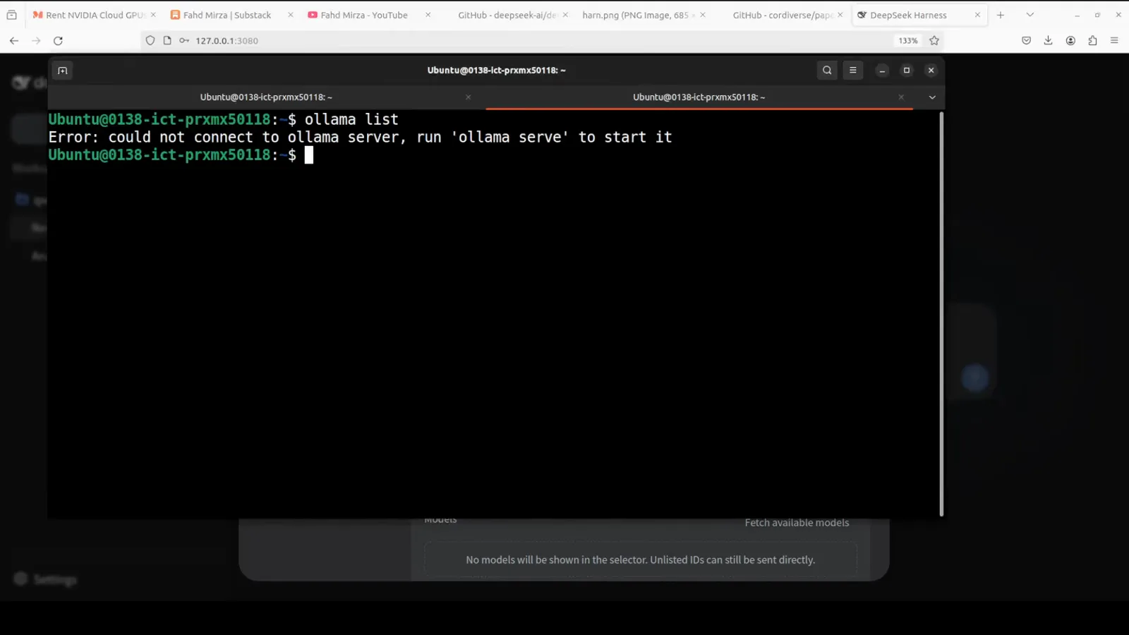 Ubuntu terminal showing ollama list failing with could not connect to ollama server and the sudo systemctl start ollama.service command as the fix