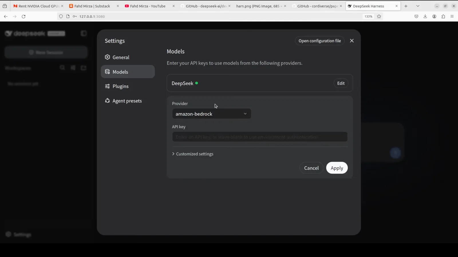 DeepSeek Harness provider settings with the API key field ready for a pasted OpenRouter key and Customize settings collapsed below