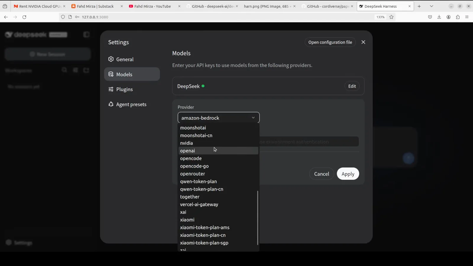 Provider dropdown in DeepSeek Harness expanded to show openrouter among built-in providers such as amazon-bedrock, deepseek, huggingface, google-vertex and groq
