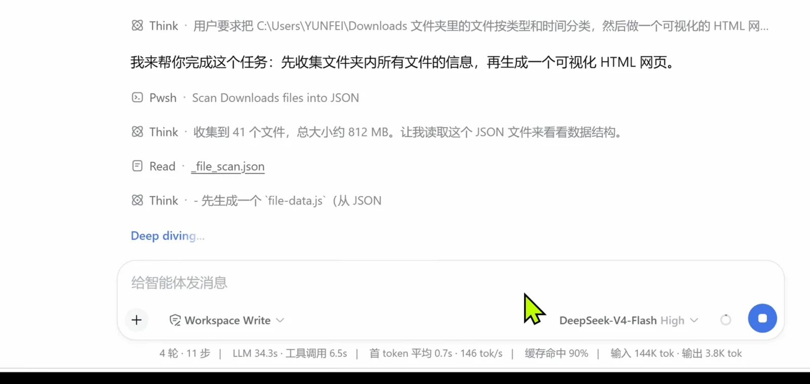 Web UI session trace organizing a Downloads folder with Think, Pwsh and Read tool calls above a composer showing the 4 轮 · 11 步 run stats line