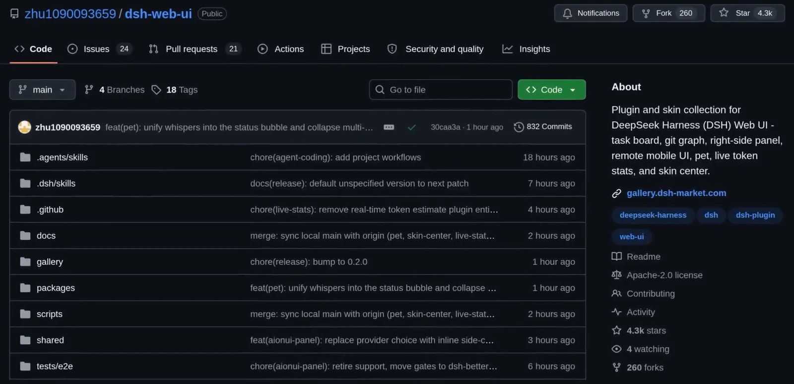 GitHub About panel of the dsh-web-ui repository describing a plugin and skin collection with task board, git graph, remote mobile UI and skin center at 4.3k stars
