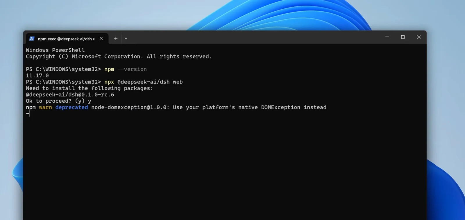 Windows PowerShell running npx @deepseek-ai/dsh web and answering y to the Ok to proceed prompt that installs @deepseek-ai/dsh 0.1.0-rc.6