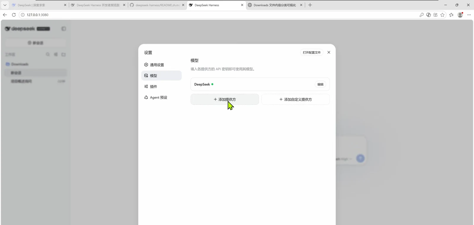 Settings dialog of the DeepSeek Harness web UI on the Model tab showing the preconfigured DeepSeek provider with 添加提供方 and 添加自定义提供方 buttons